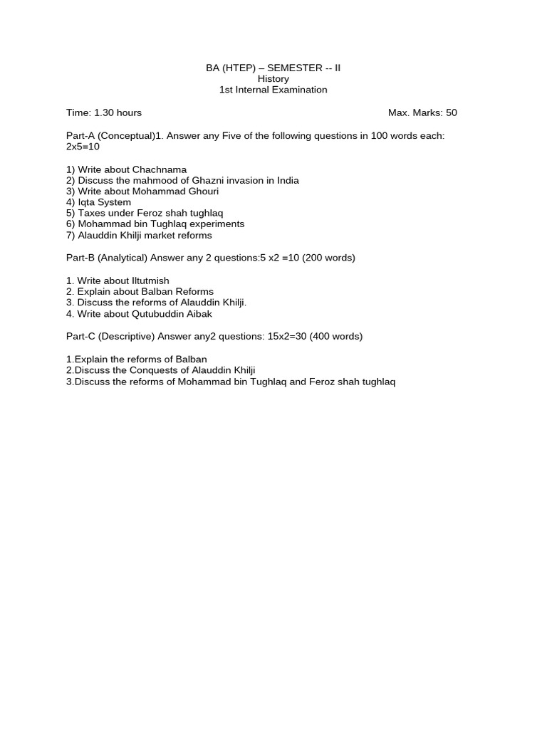 Ba History Question Paper Pdf