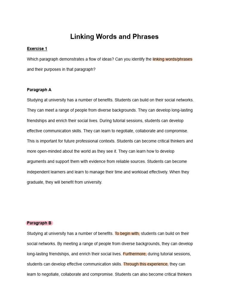 Linking Words and Phrases Exercises | PDF | Learning | Cognition