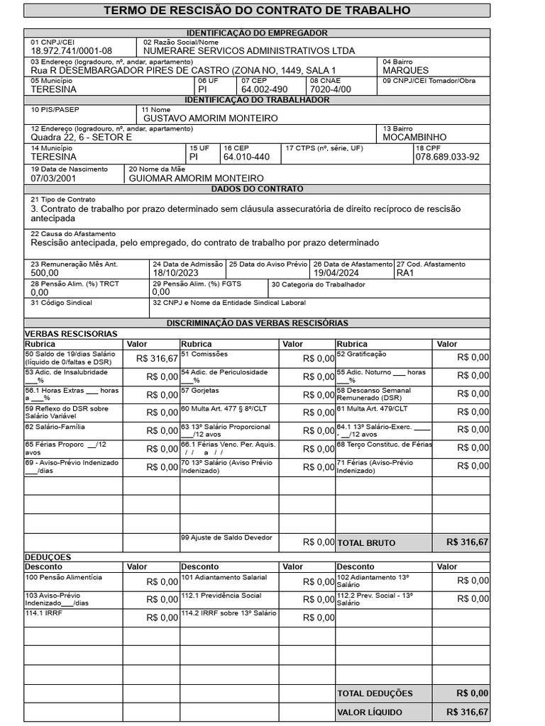 Termo de Rescisão Contrato de Estágio | PDF | Férias trabalhistas ...