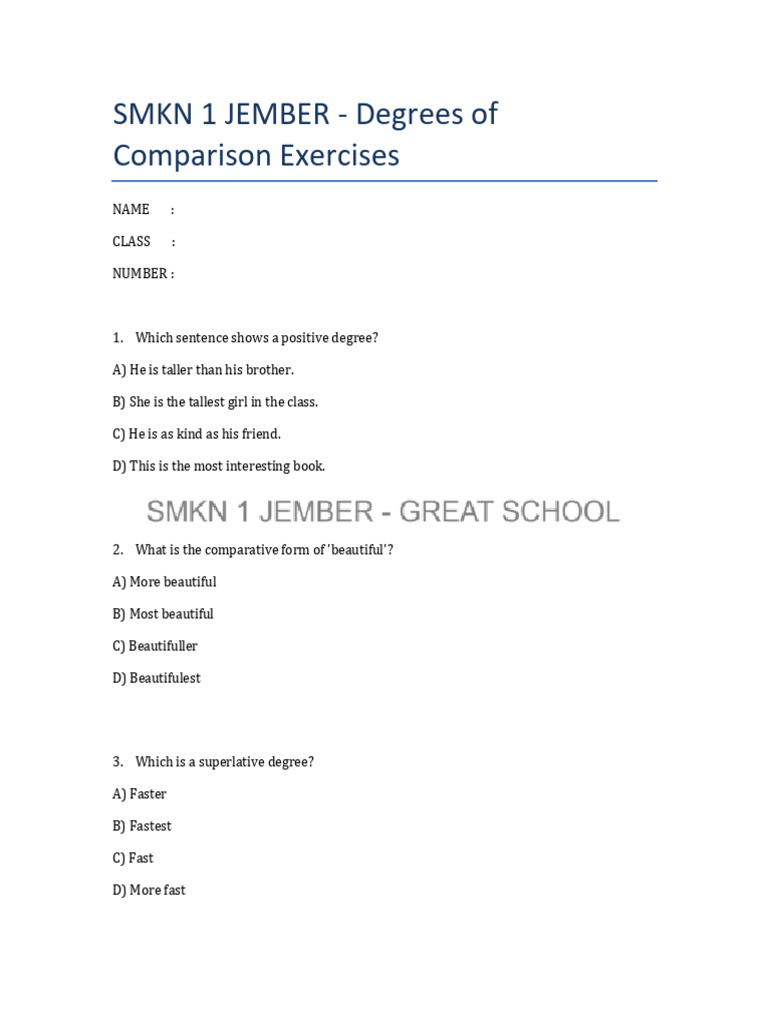 Degrees of Comparison Exercises | PDF