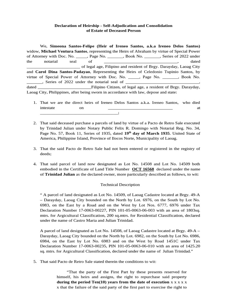 Declaration of Heirship and Self Daraday | PDF | Civil Law (Legal ...
