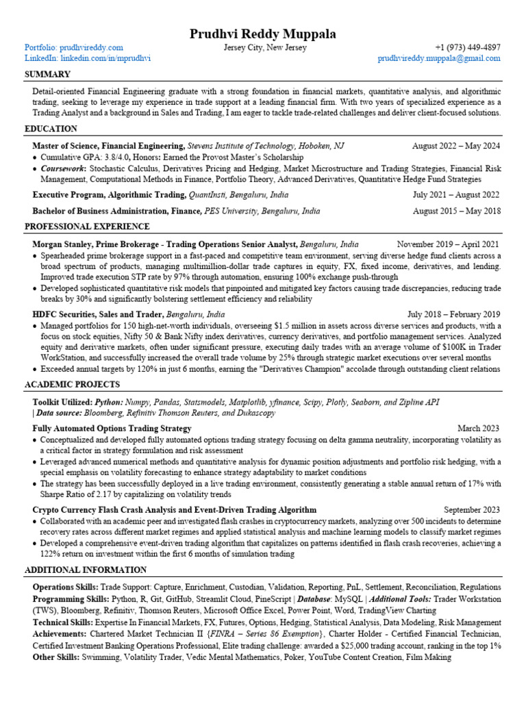 Sample Resume | PDF | Algorithmic Trading | Private Sector
