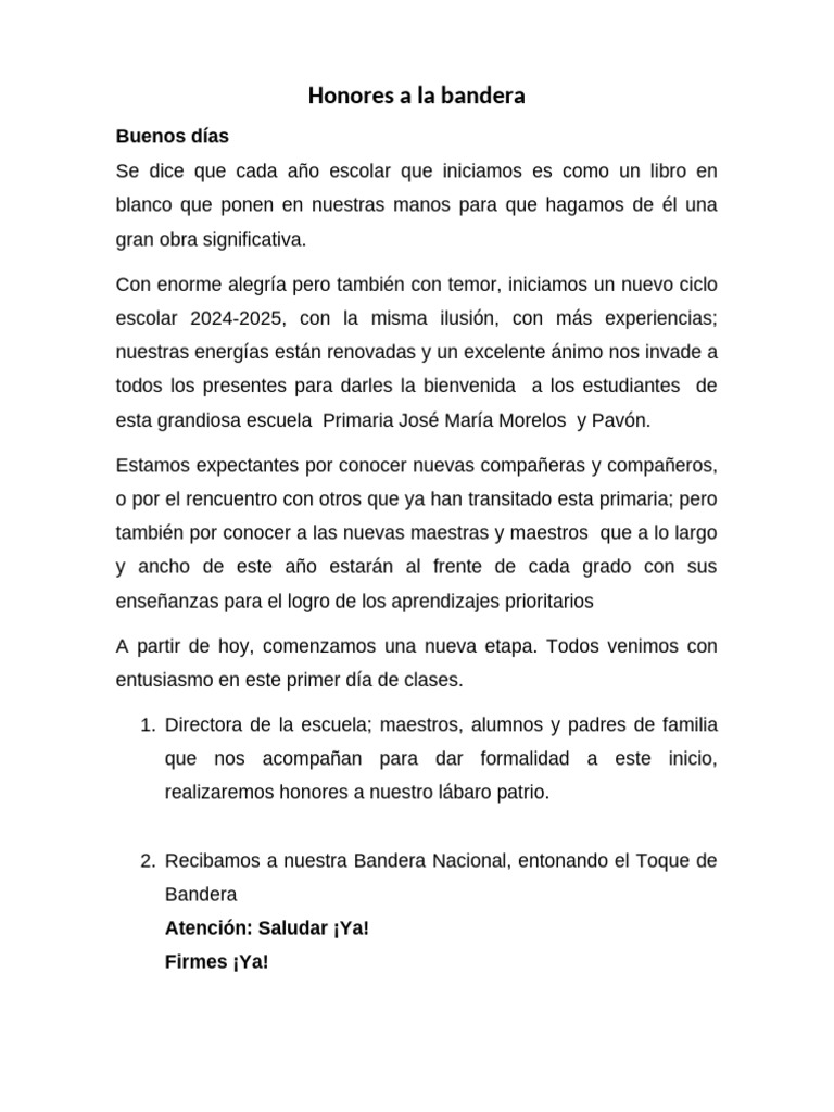 Honores a la Bandera en Ciclo Escolar 2024-2025 | PDF | Artes del ...
