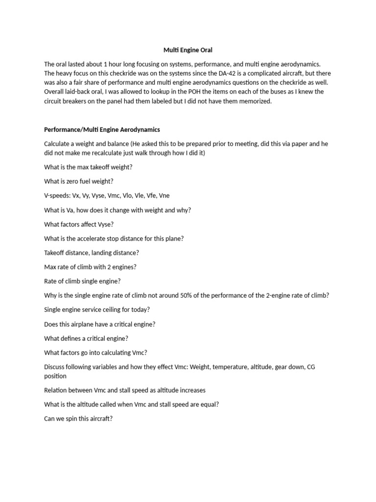 Multi Engine Oral Exam Insights | PDF | Aircraft | Aviation