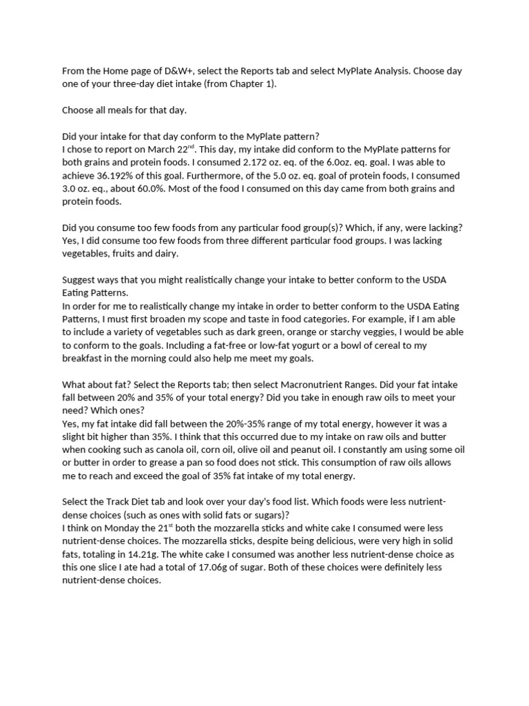 DW+ (ch2 Intakes Vs Usda) | PDF | Foods | Fat