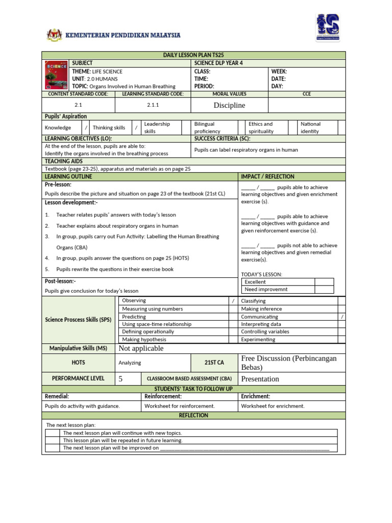 Human Breathing Process Lesson Plan | PDF | Lesson Plan | Experiment