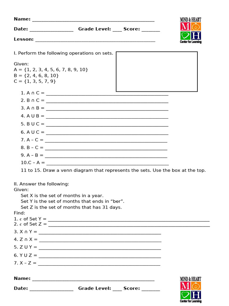 Set Operations and Venn Diagrams Worksheet | PDF