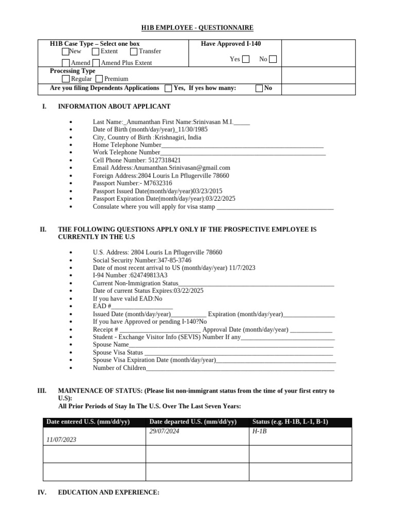 H1B Employee Questionnaire Form | PDF | H 1 B Visa | Travel Visa