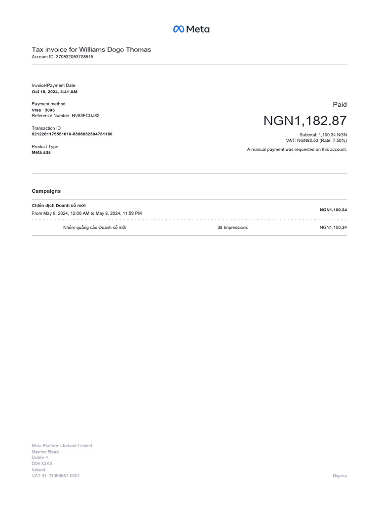 Tax Invoice for Meta Ads Payment | PDF
