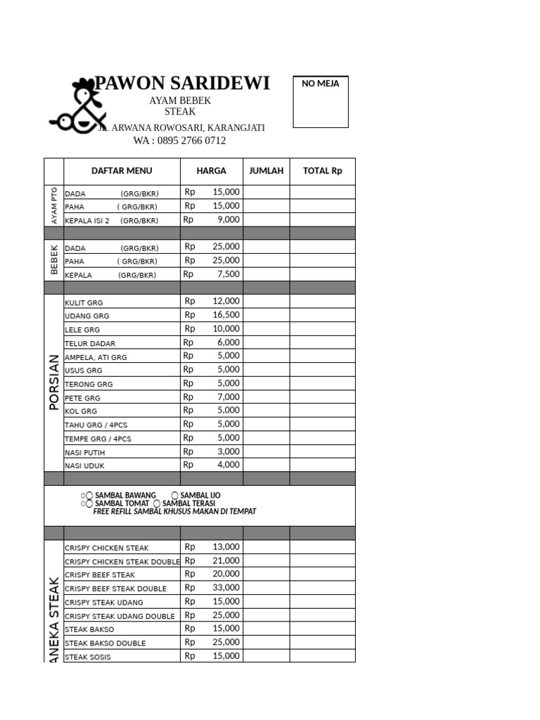 Menu Makanan dan Minuman Pawon Saridewi | PDF