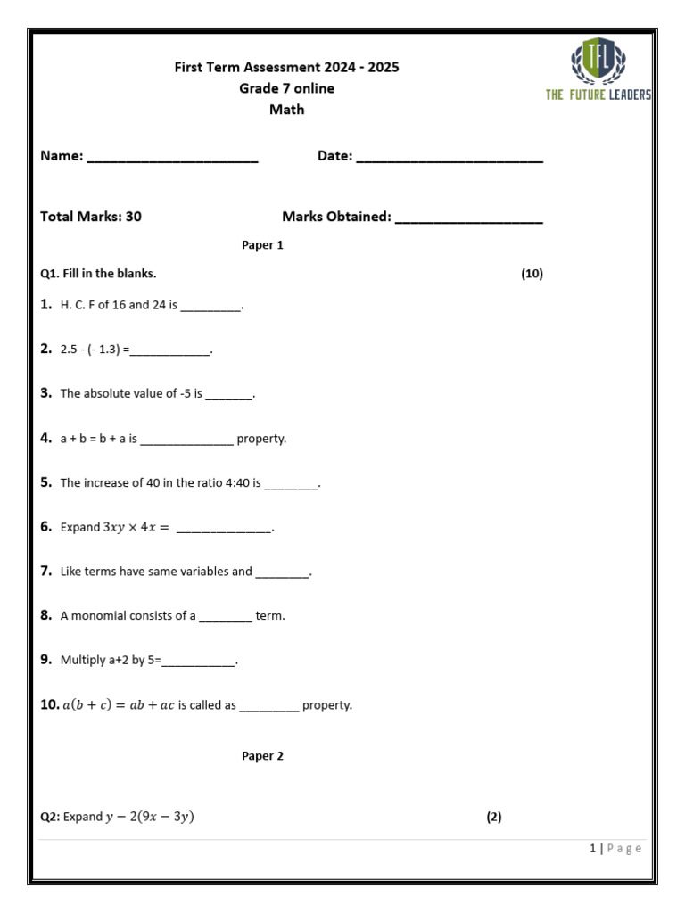 First Term Exam 2024 Math Grade 7 Online | PDF | Teaching Methods ...