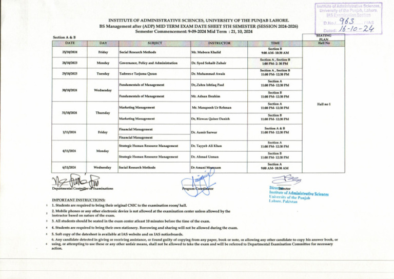 BS ADP 5th Semester Mid Term Exam Date Sheet 2024-2026 | PDF