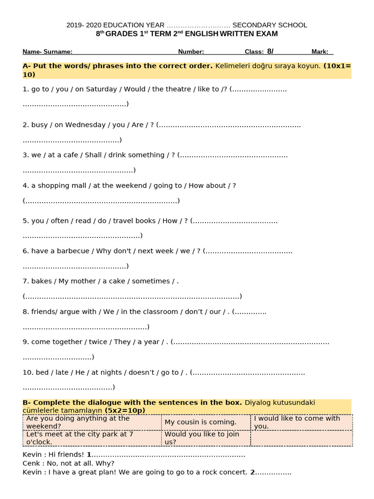 8th Grade English Exam 1st Term | PDF | Language Arts & Discipline