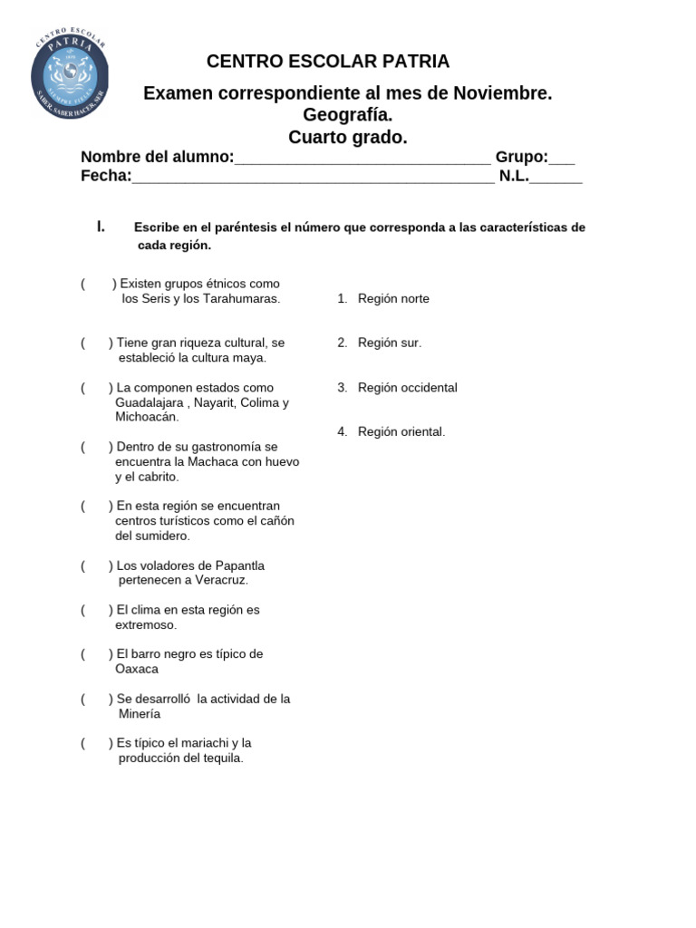 Examen de Geografía para Cuarto Grado | PDF | Clima | Clima templado