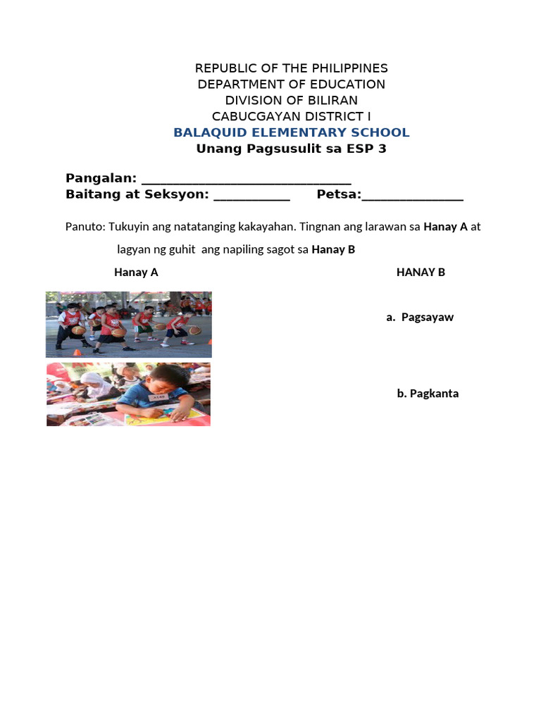 Unang Markahang Pagsusulit Sa Esp3 With Tos | PDF