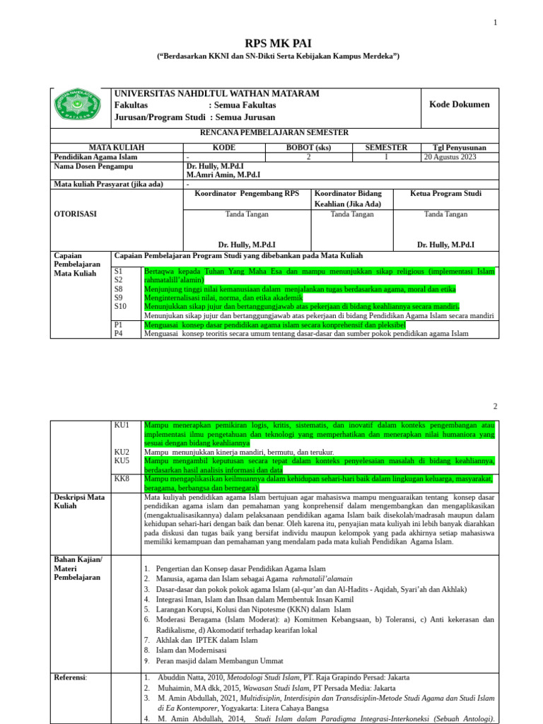 RPS PAI Berbasis Proyek - UNW Mataram | PDF