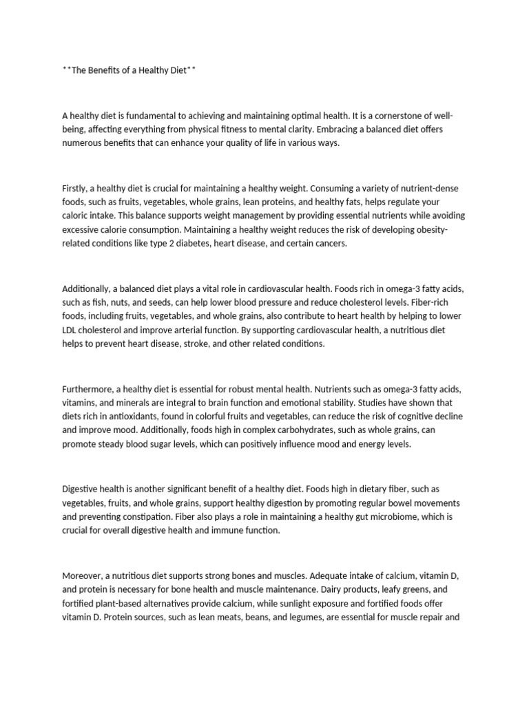 Benefits of a Healthy Diet Explained | PDF | Healthy Diet | Diet ...