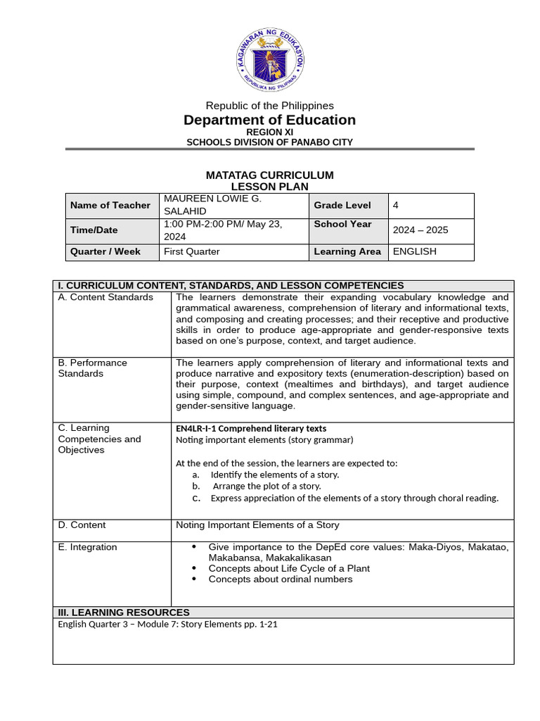 G4 English MATATAG Lesson Plan | PDF | Reading Comprehension | Learning
