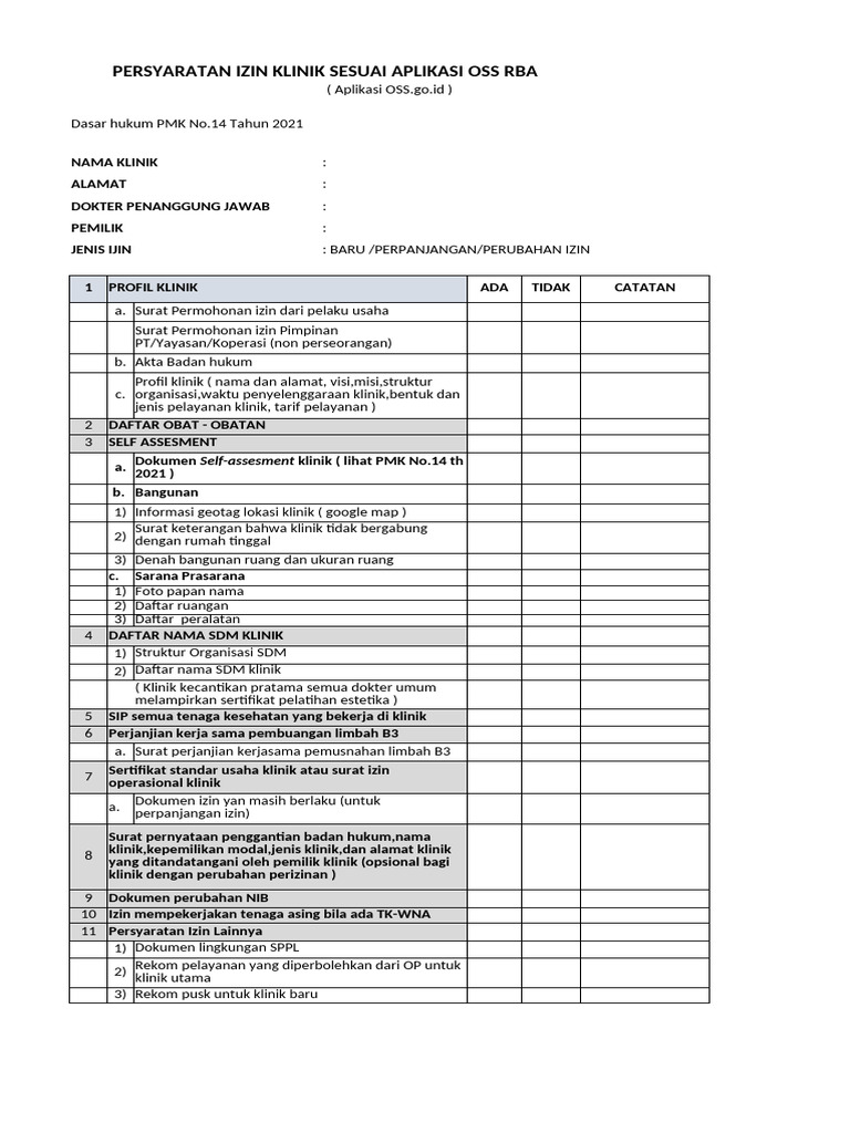 Persyaratan Izin Klinik OSS RBA | PDF