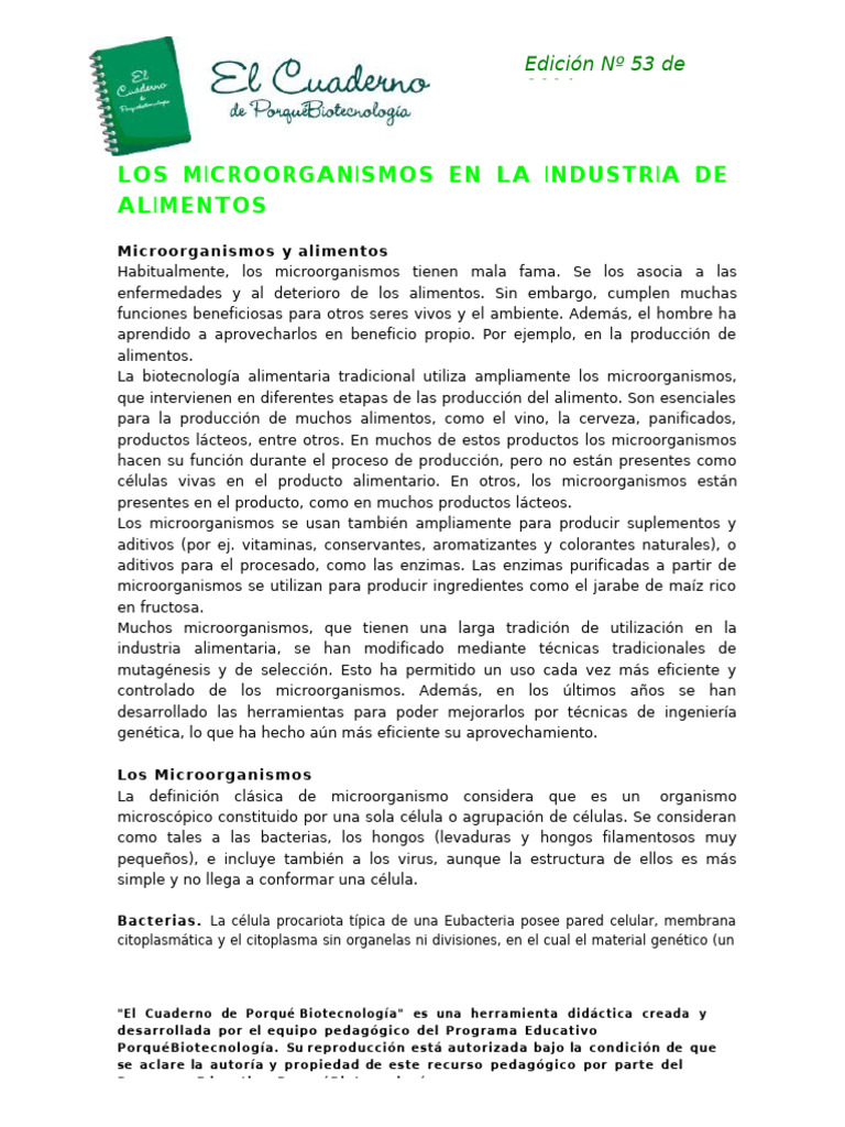 Microorganismos en la Industria Alimentaria | PDF | Fermentación | Levadura