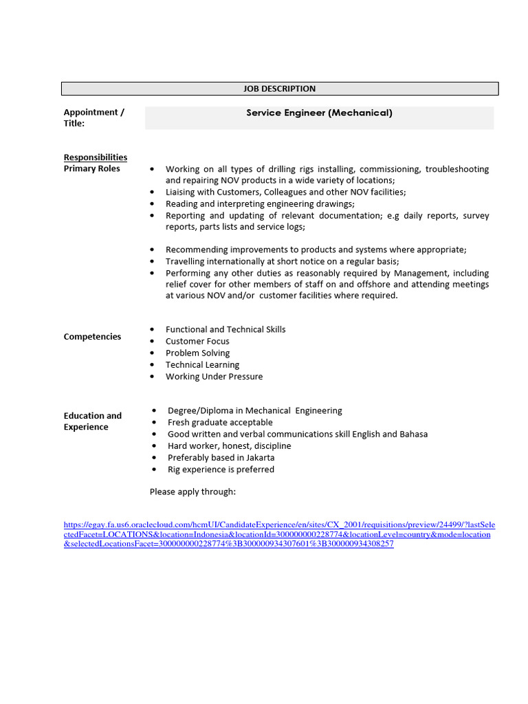Mechanical Service Engineer Job Opening | PDF | Technology & Engineering