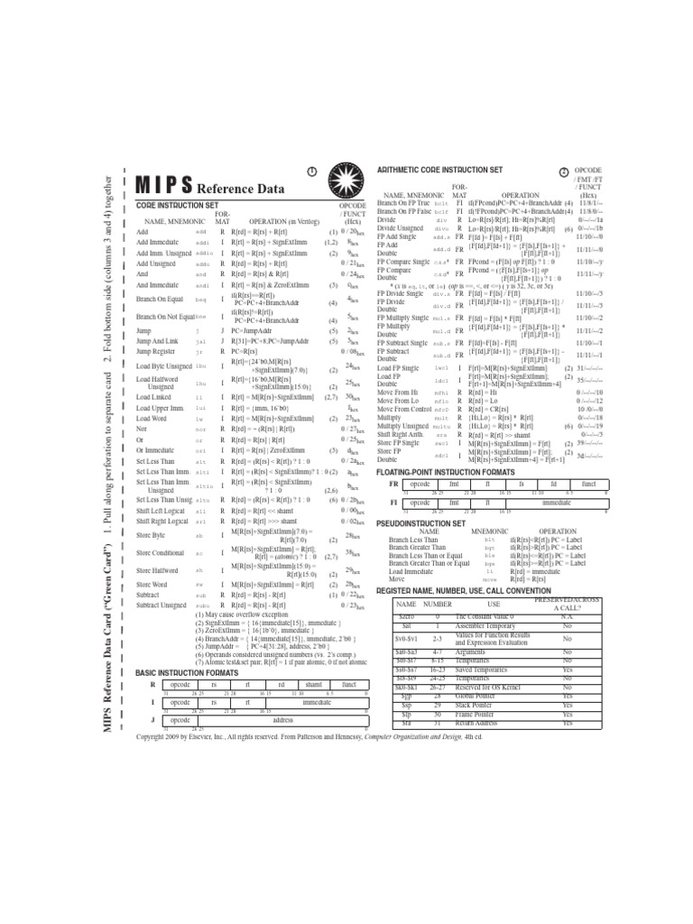 MIPS Instruction Set Reference Guide | PDF | Byte | Office Equipment