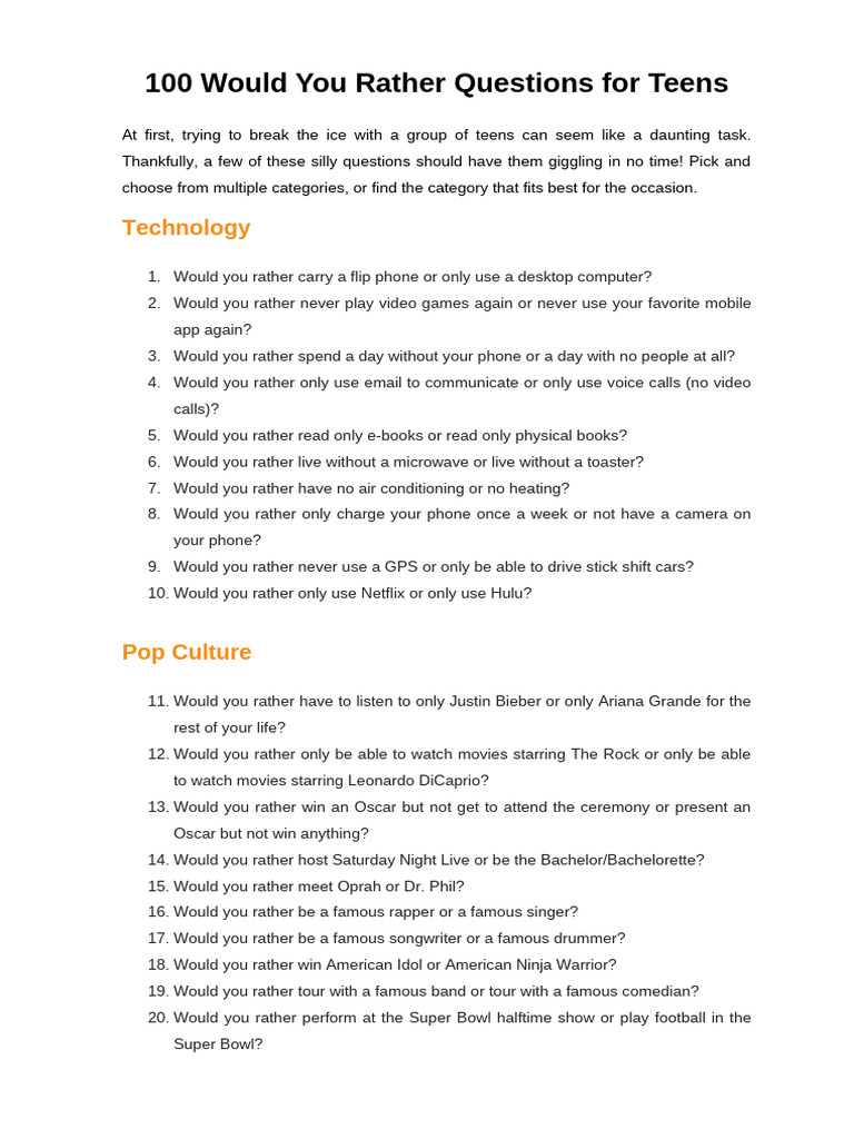 Fun Would You Rather Questions for Teens | PDF