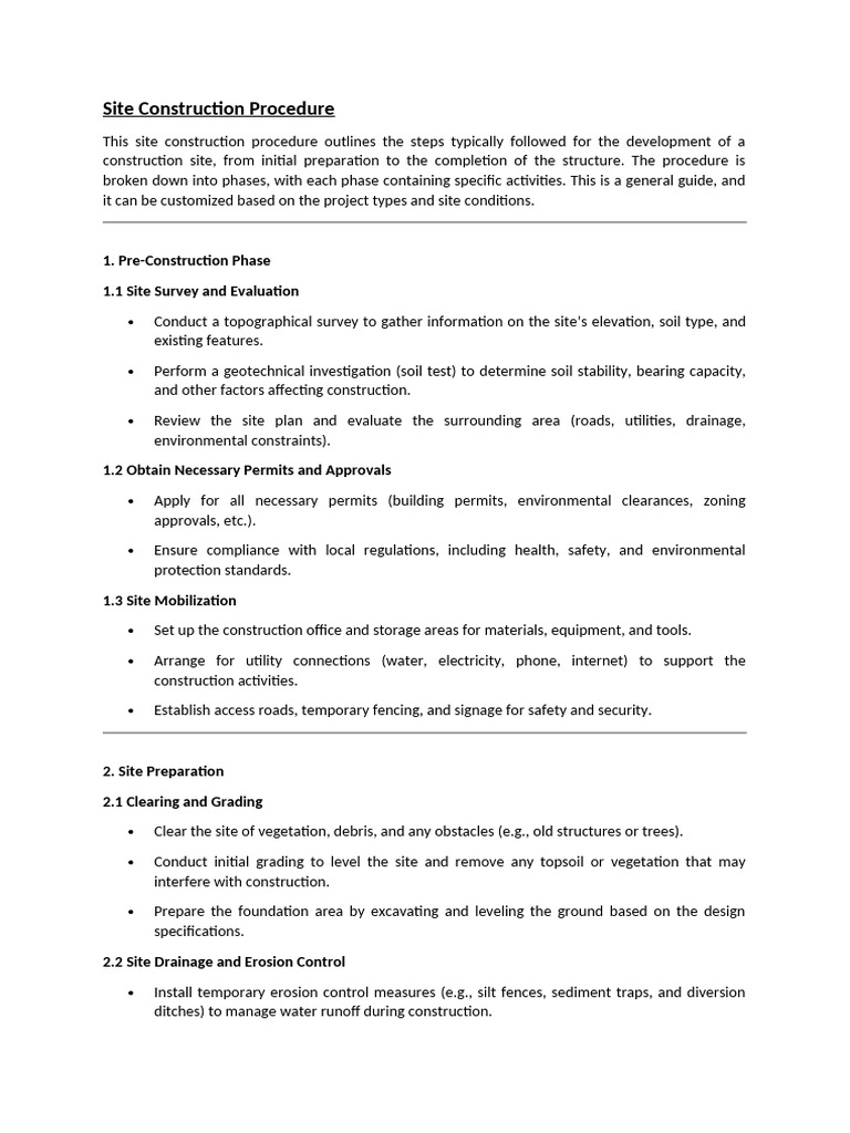 Site Construction Procedure | PDF | Foundation (Engineering) | Concrete