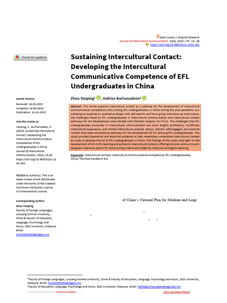 Enhancing ICC in EFL Students in China | PDF | Cross Cultural ...