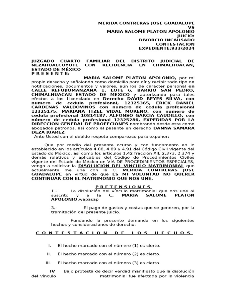 Contestacion de Divocio Incausado | PDF | Divorcio | México