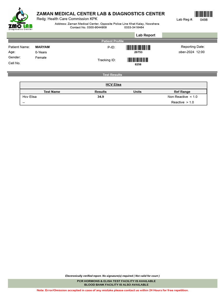 Zaman Medical Center Lab Report Summary | PDF | Clinical Medicine ...