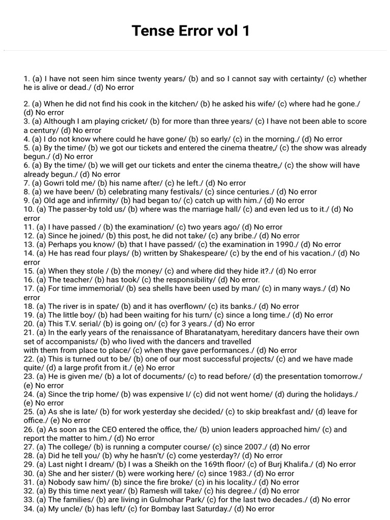 Tense Error Exercises with Answers | PDF
