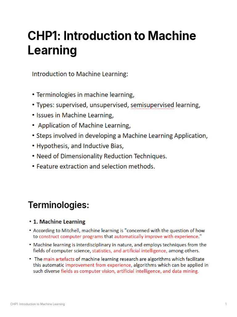 CHP1 Introduction To Machine Learning | PDF | Machine Learning ...