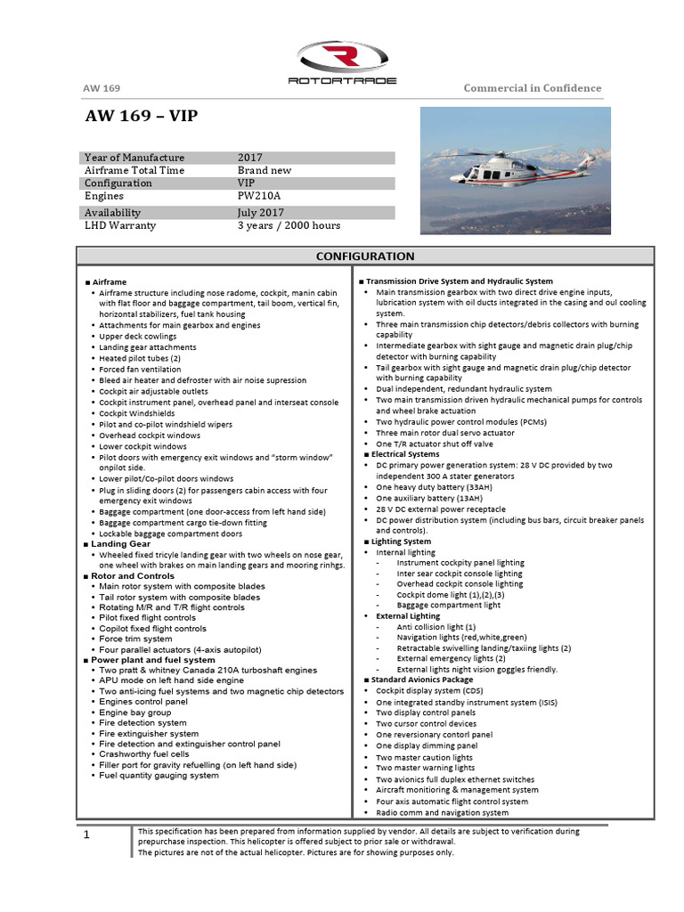 AW169 Helicopter Specifications Overview | PDF | Cockpit | Helicopter Rotor