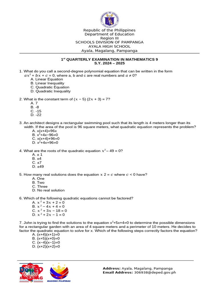 Math 9 1st Quarter Edited by Sir Mark | PDF | Equations | Quadratic ...