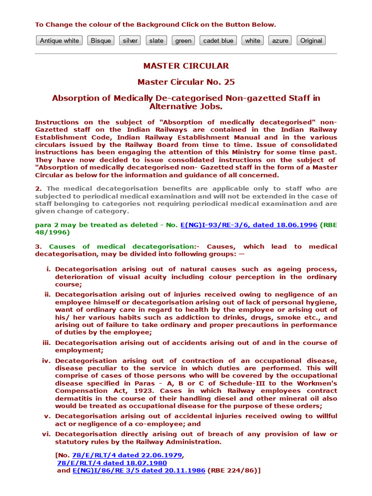 Master Circular 25: Medically Decategorised Staff | PDF | Employment