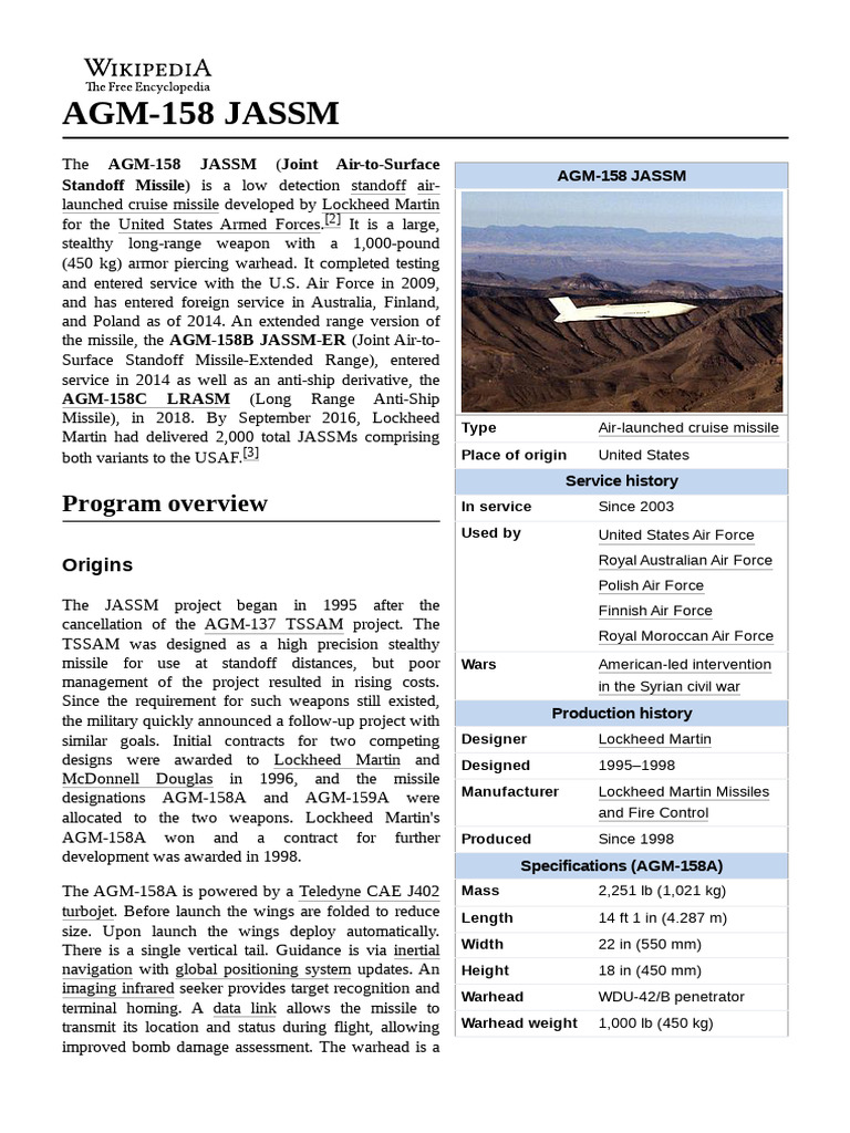 AGM-158 JASSM Overview and Specs | PDF | Military Technology | Military ...