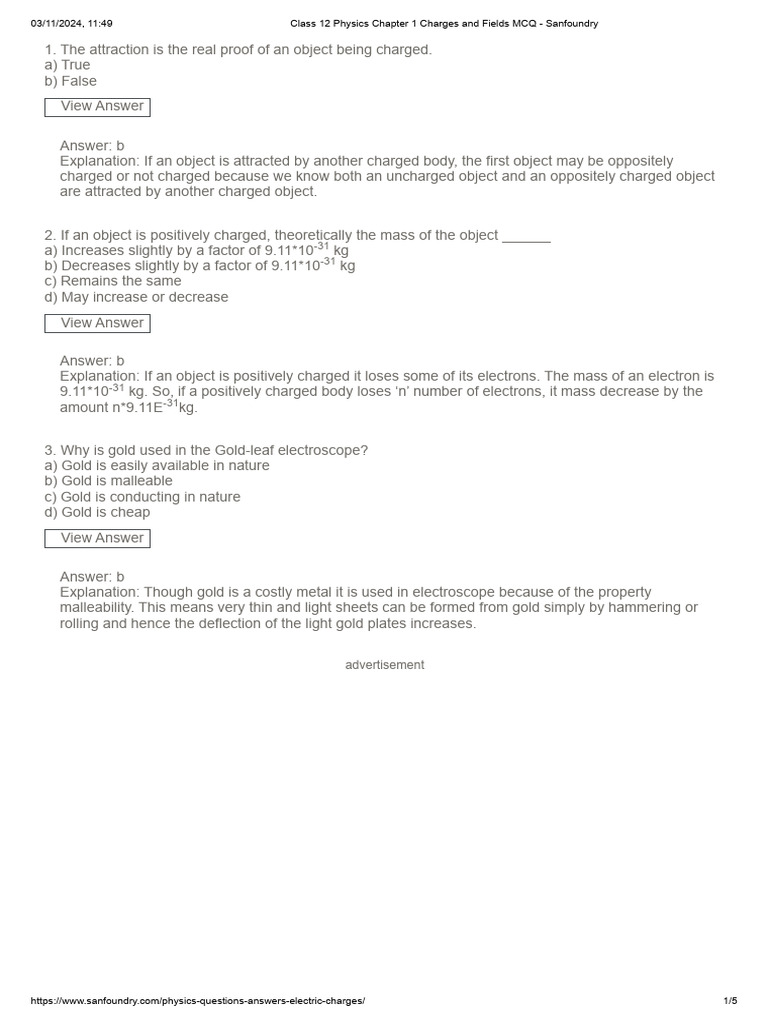 MCQs on Charges and Fields for Class 12 | PDF | Electrostatics ...