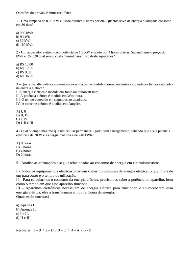 Consumo de Energia Elétrica em Questões | PDF