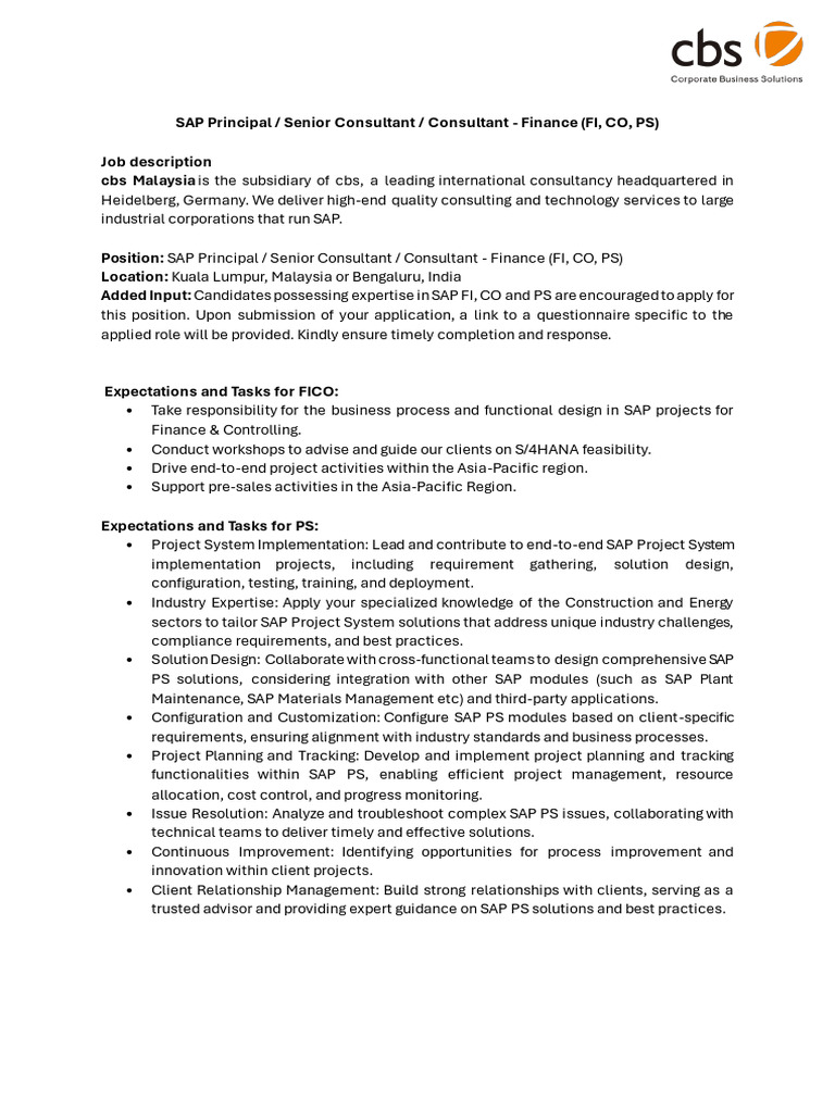 SAP Principal Senior Consultant Consultant Finance (FI, CO, PS) | PDF ...