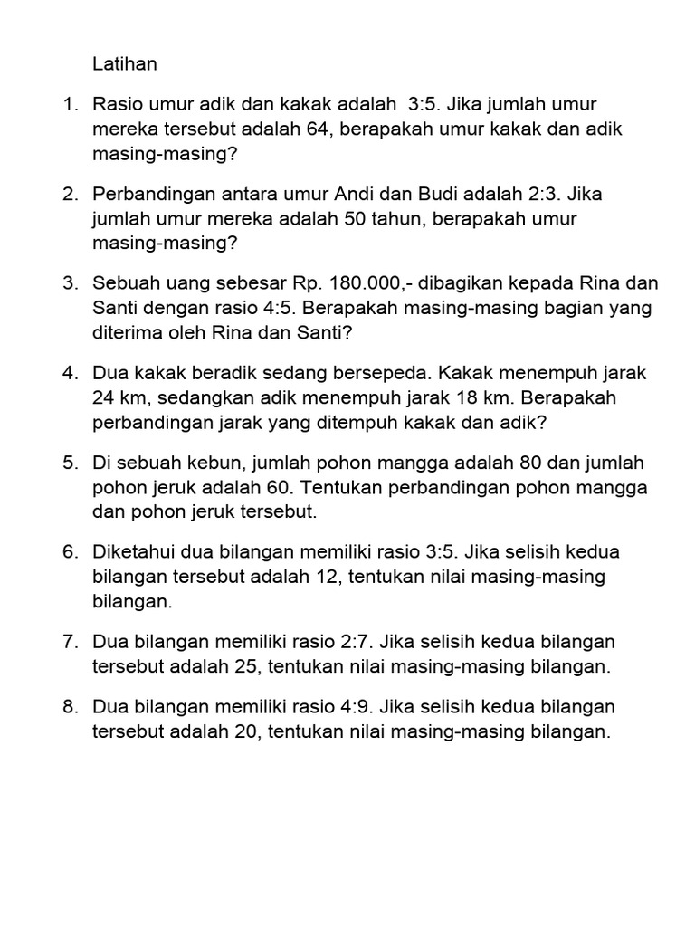 Soal Latihan Rasio Kelas 6 | PDF | Metode & Bahan Ajar