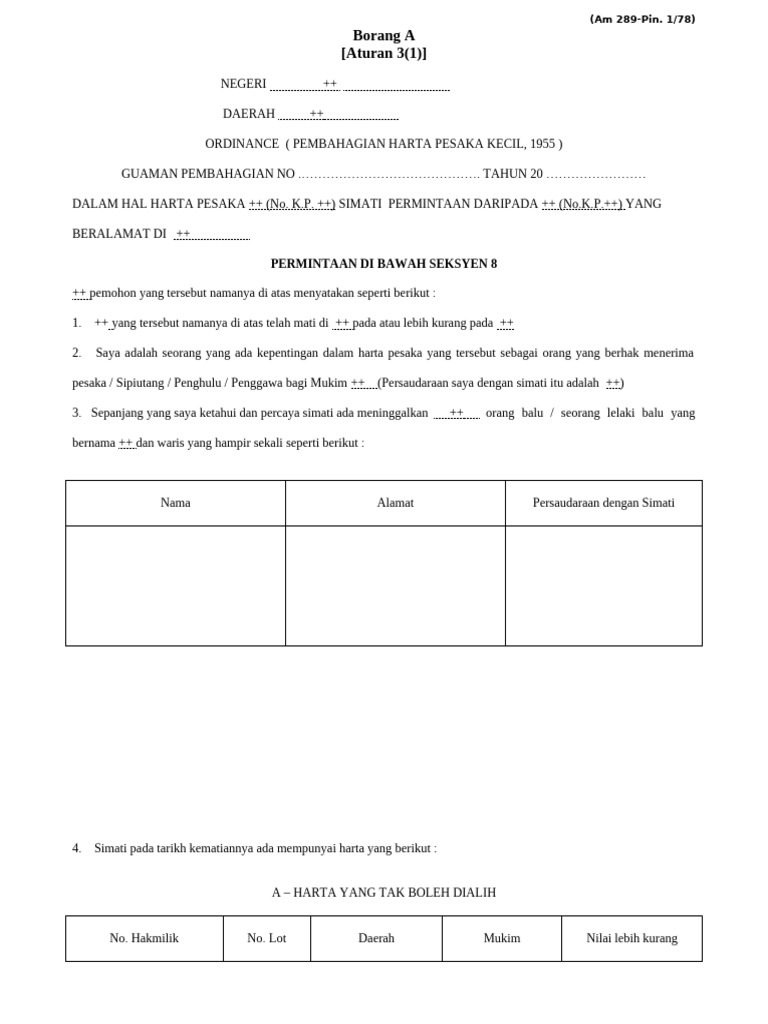 Borang Pembahagian Harta Pesaka Kecil | PDF