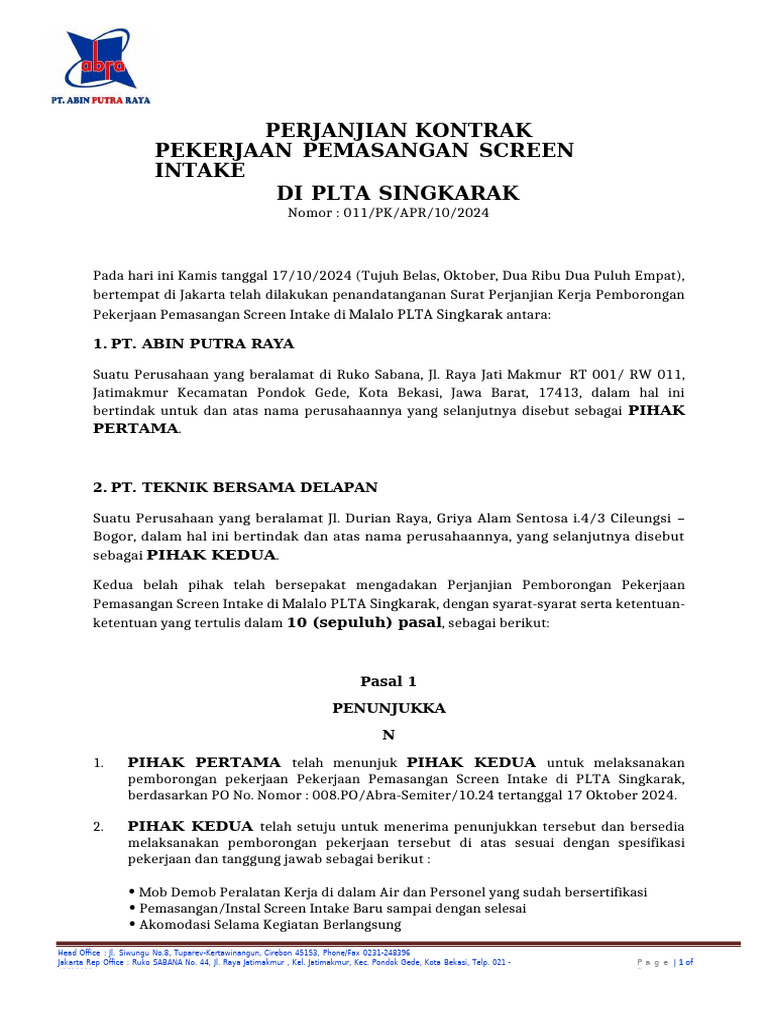 Perjanjian Kontrak Pemasangan Screen Intake - Fixed - 241017 - 201242 | PDF