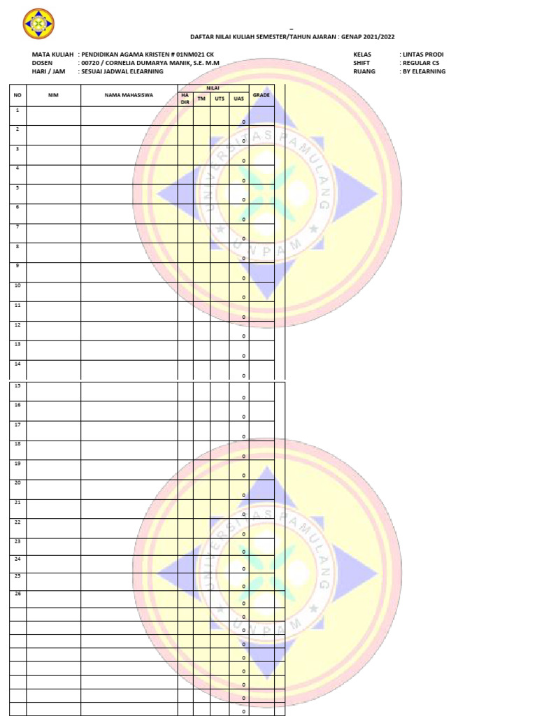 FIX 021 REG CK 57 Form Nilai Pendidikan Agama KRISTEN - Copy | PDF