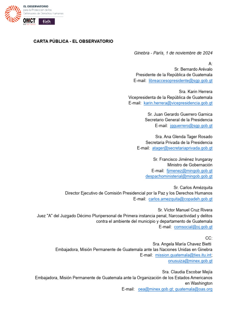 Carta Publica OBS Guate 31102024_signedOMCT | PDF | Guatemala | Debido ...