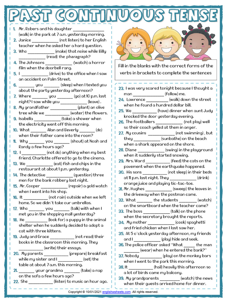 Past Continuous Tense Esl Printable Gap Fill Exercise Worksheet | PDF