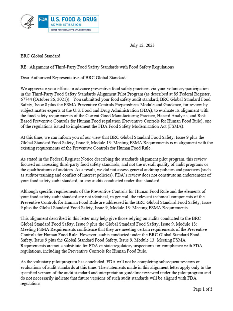 FDA BRC Alignment With Regulations 1711034479 | PDF | Food Safety ...