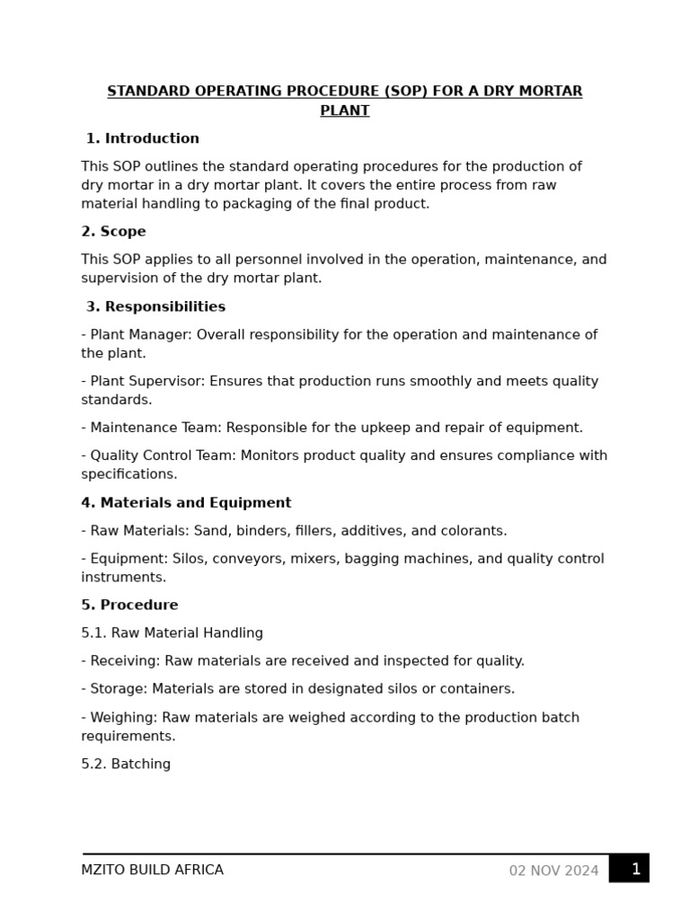 Dry Mortar Plant SOP Overview | PDF | Mortar (Masonry) | Mixture
