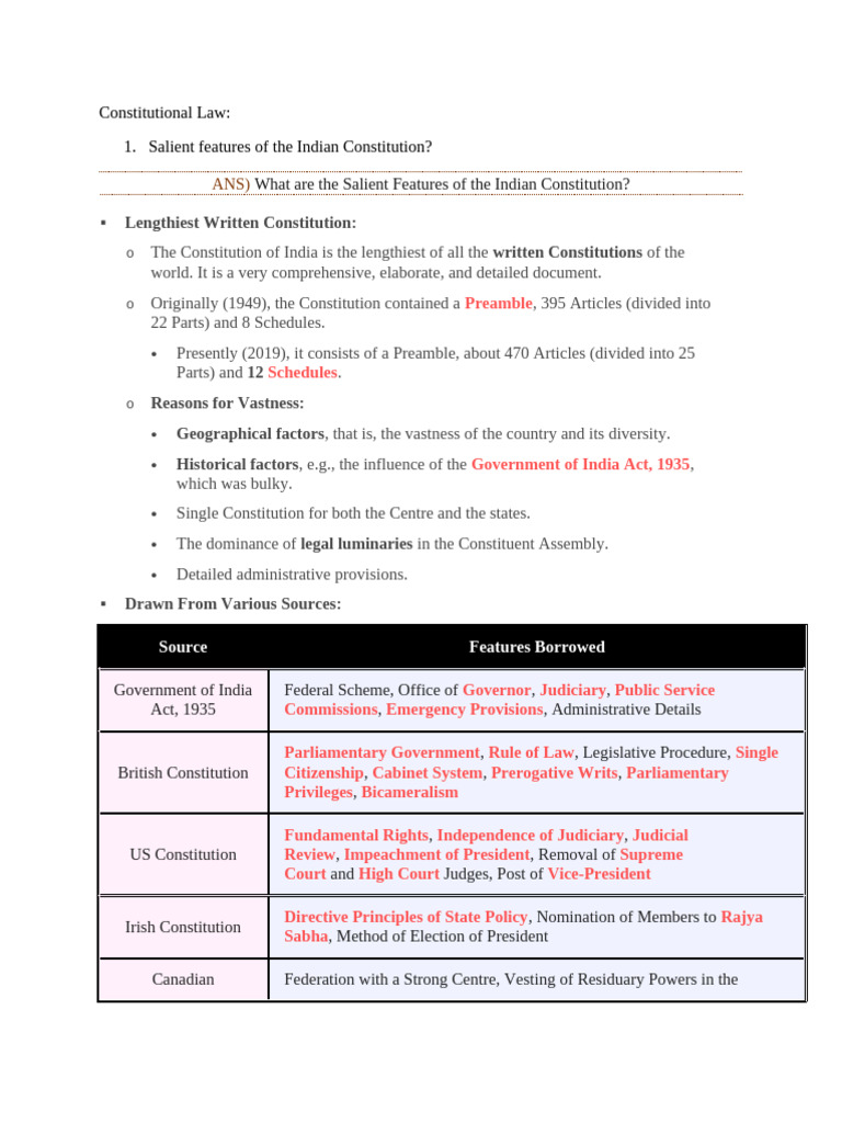 Salient Features of the Indian Constitution | PDF | Constitution ...