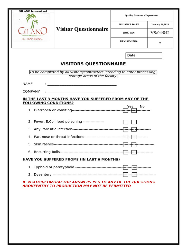 Visitor Health & Hygiene Questionnaire | PDF | Hygiene | Diseases And ...